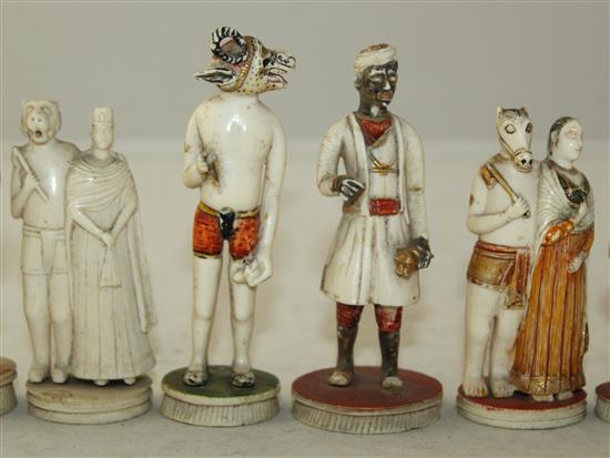 Ten 19th century Indian carved and painted ivory figures, largest 3.75in.